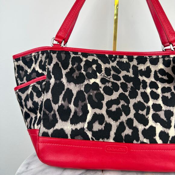 COACH Leopard Print Canvas Red Leather Tote Shoulder Purse Bag Authentic - Picture 13 of 16